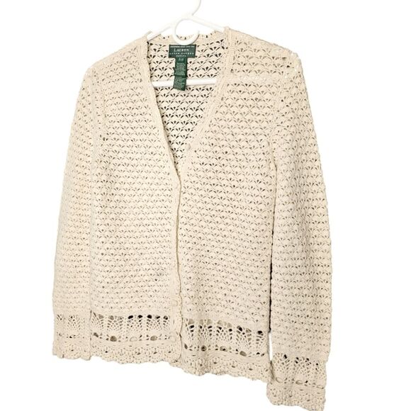 Lauren Ralph Lauren Petite Exclusive Handknitted Cream Crochet Button Cardigan S - Picture 1 of 10